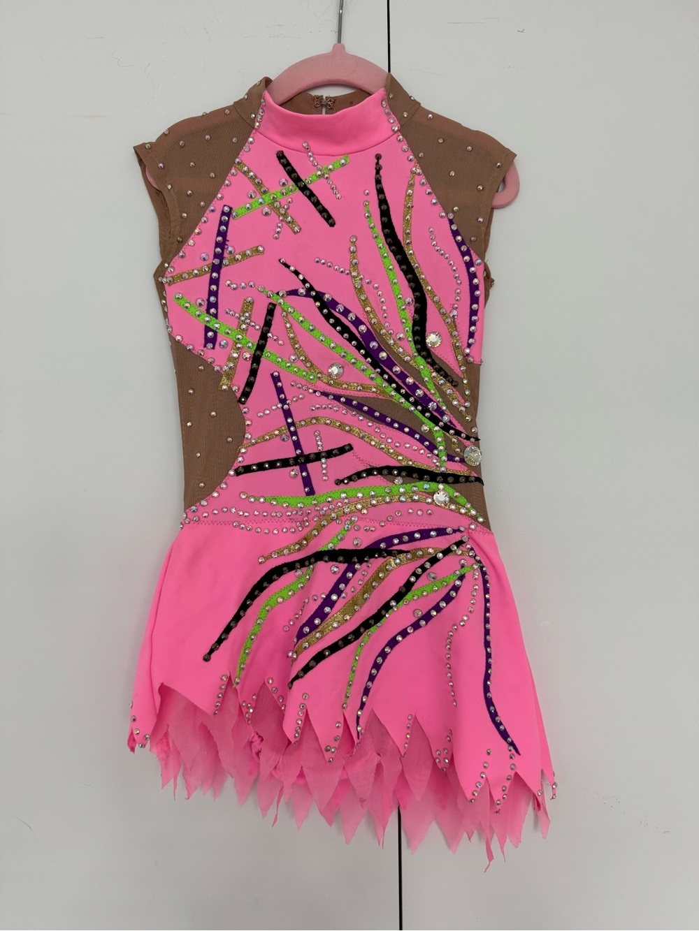 Kids Pink & Brown Sparkle Rhythmic Gymnastics Bodysuit for 8-9 years old